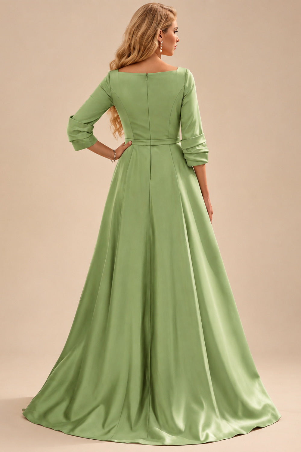 Rutipo Moss Green A-Line V-Neck 3/4 Sleeves Floor-Length Satin Prom Dresses With High Split