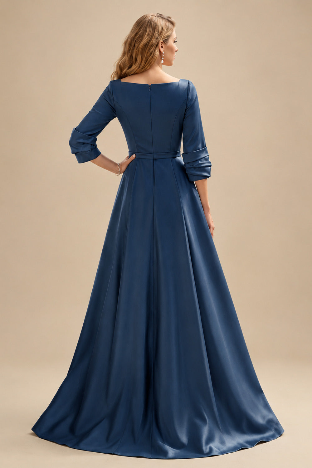 Rutipo Navy Blue A-Line V-Neck 3/4 Sleeves Floor-Length Satin Prom Dresses With High Split