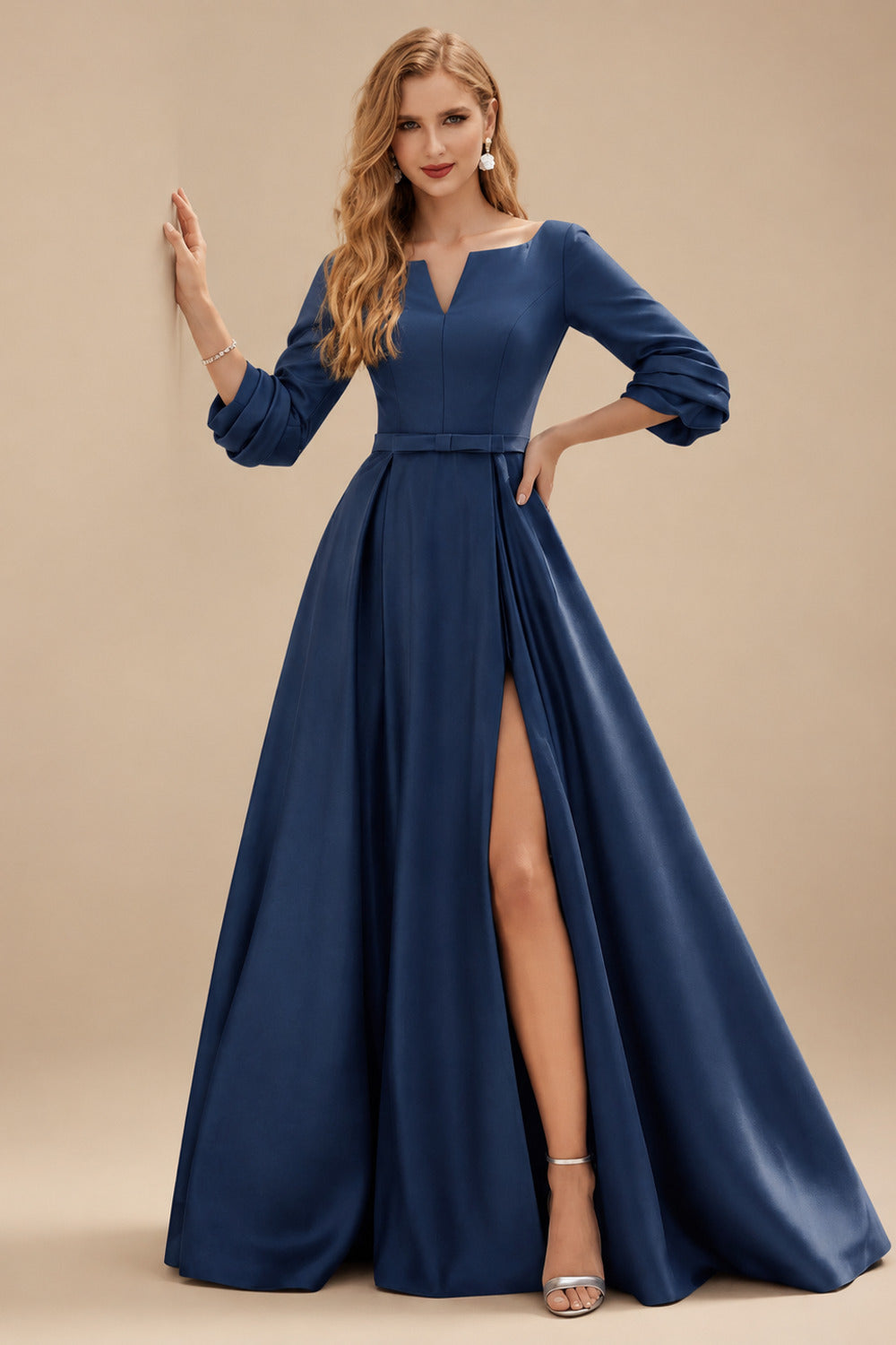 Rutipo Navy Blue A-Line V-Neck 3/4 Sleeves Floor-Length Satin Prom Dresses With High Split