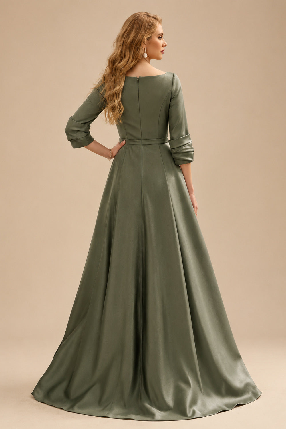Rutipo Olive Green A-Line V-Neck 3/4 Sleeves Floor-Length Satin Prom Dresses With High Split