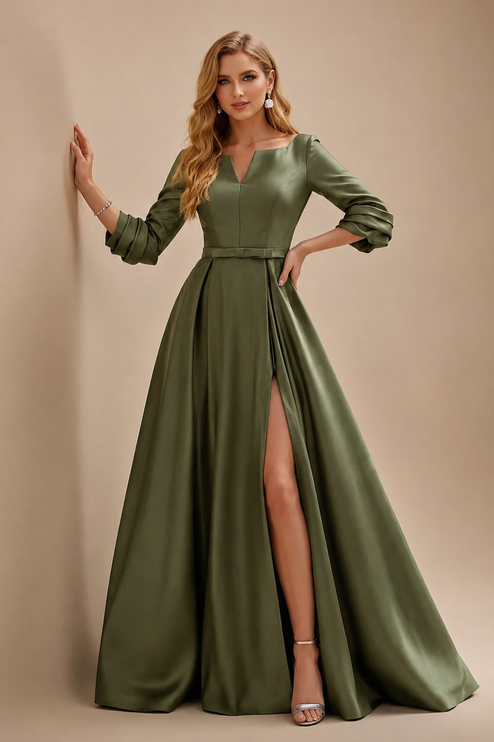 Rutipo Olive Green A-Line V-Neck 3/4 Sleeves Floor-Length Satin Prom Dresses With High Split