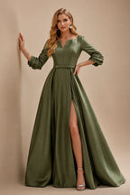 Rutipo Olive Green A-Line V-Neck 3/4 Sleeves Floor-Length Satin Prom Dresses With High Split