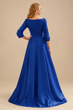 Rutipo Royal Blue A-Line V-Neck 3/4 Sleeves Floor-Length Satin Prom Dresses With High Split
