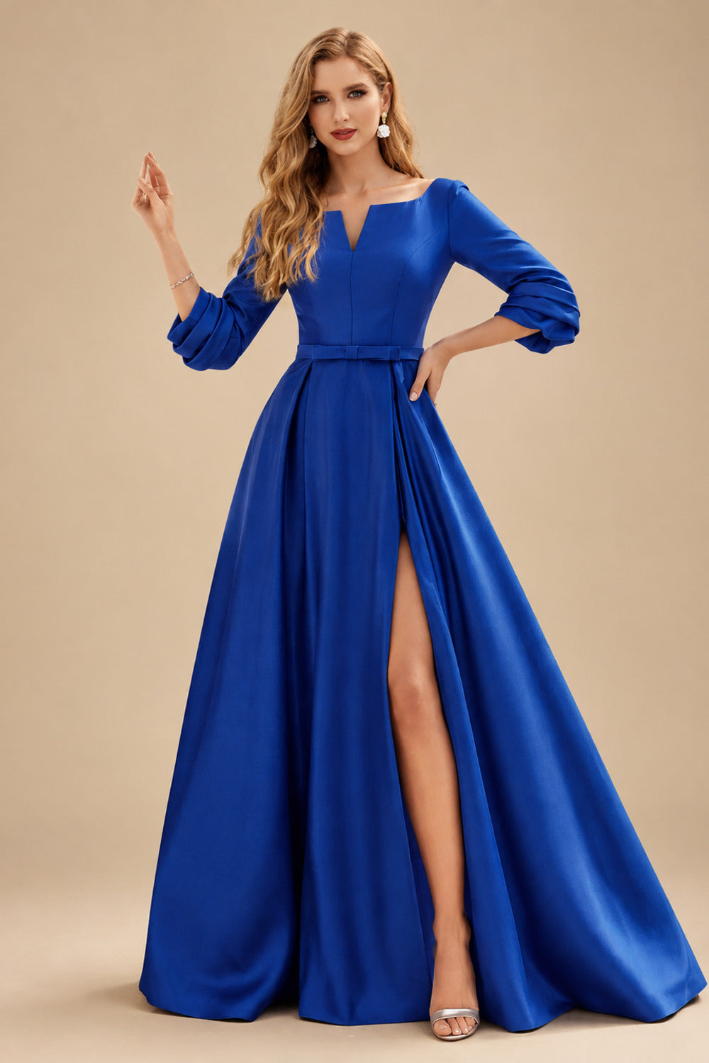 Rutipo Royal Blue A-Line V-Neck 3/4 Sleeves Floor-Length Satin Prom Dresses With High Split