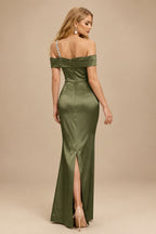Rutipo Olive Green Sheath/Column One-Shoulder Sleeveless Floor-Length Satin Prom Dresses