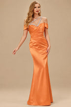 Rutipo Orange Sheath/Column One-Shoulder Sleeveless Floor-Length Satin Prom Dresses