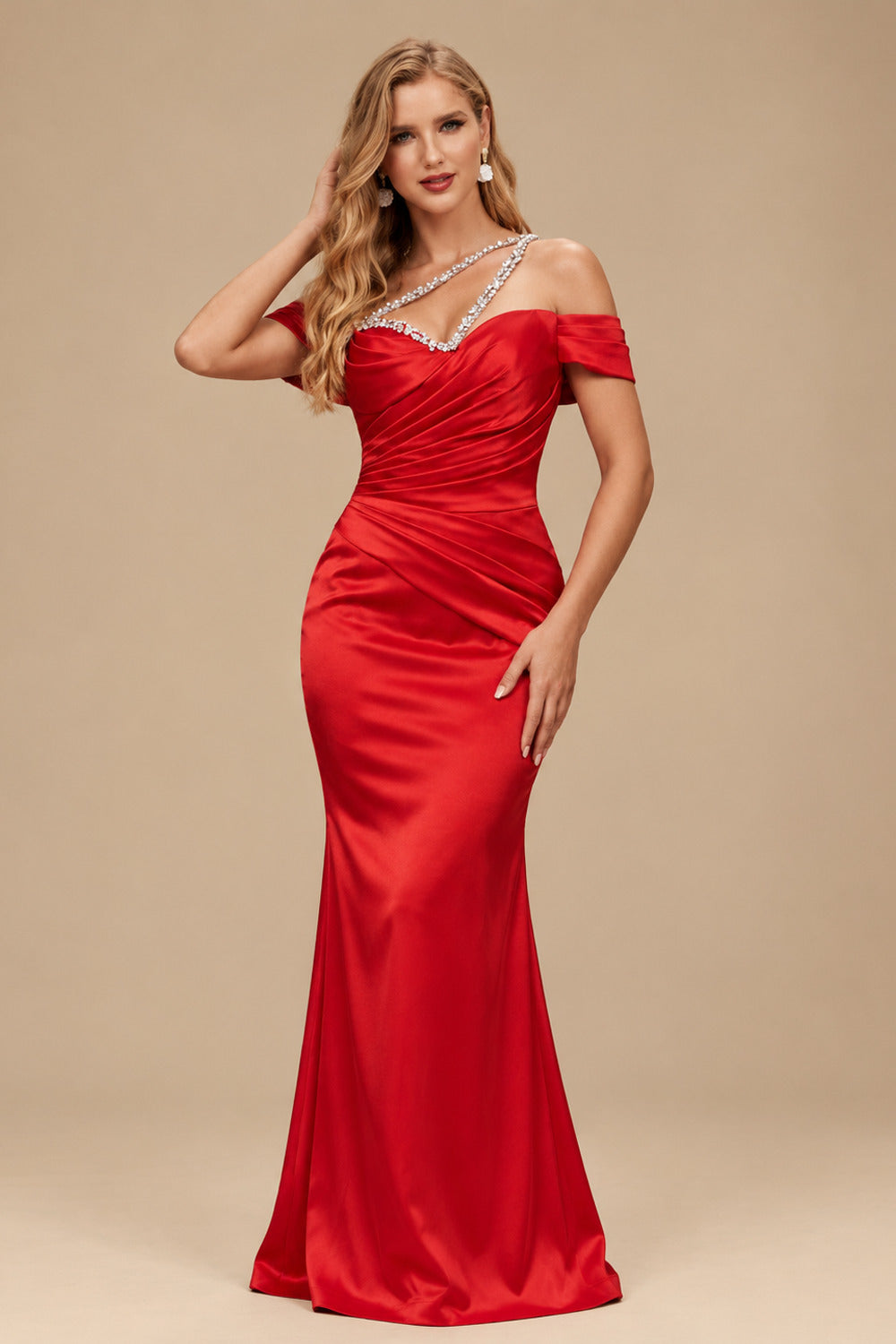 Rutipo Red Sheath/Column One-Shoulder Sleeveless Floor-Length Satin Prom Dresses