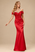 Rutipo Red Sheath/Column One-Shoulder Sleeveless Floor-Length Satin Prom Dresses