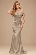 Rutipo Taupe Sheath/Column One-Shoulder Sleeveless Floor-Length Satin Prom Dresses