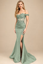 Rutipo Celadon Trumpet/Mermaid Silk Like Satin Prom Dresses With Lace/High Split