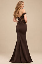Rutipo Chocolate Trumpet/Mermaid Silk Like Satin Prom Dresses With Lace/High Split