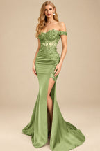 Rutipo Moss Green Trumpet/Mermaid Silk Like Satin Prom Dresses With Lace/High Split
