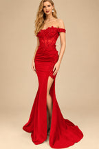 Rutipo Red Trumpet/Mermaid Silk Like Satin Prom Dresses With Lace/High Split