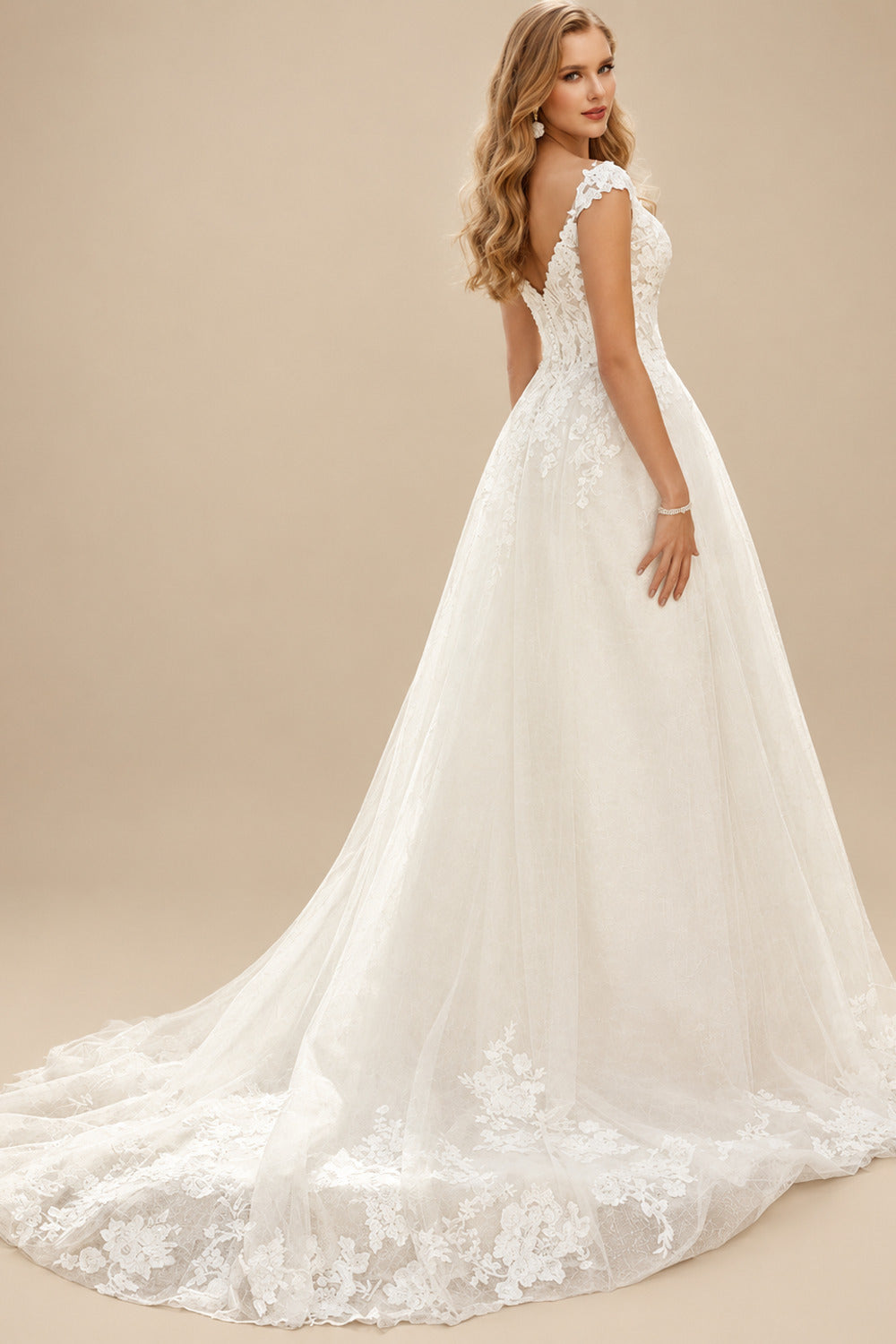 Rutipo Ivory V Neck Tulle Lace A-Line/Princess Wedding Dresses With Appliques Lace