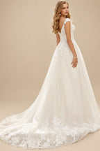 Rutipo Ivory V Neck Tulle Lace A-Line/Princess Wedding Dresses With Appliques Lace