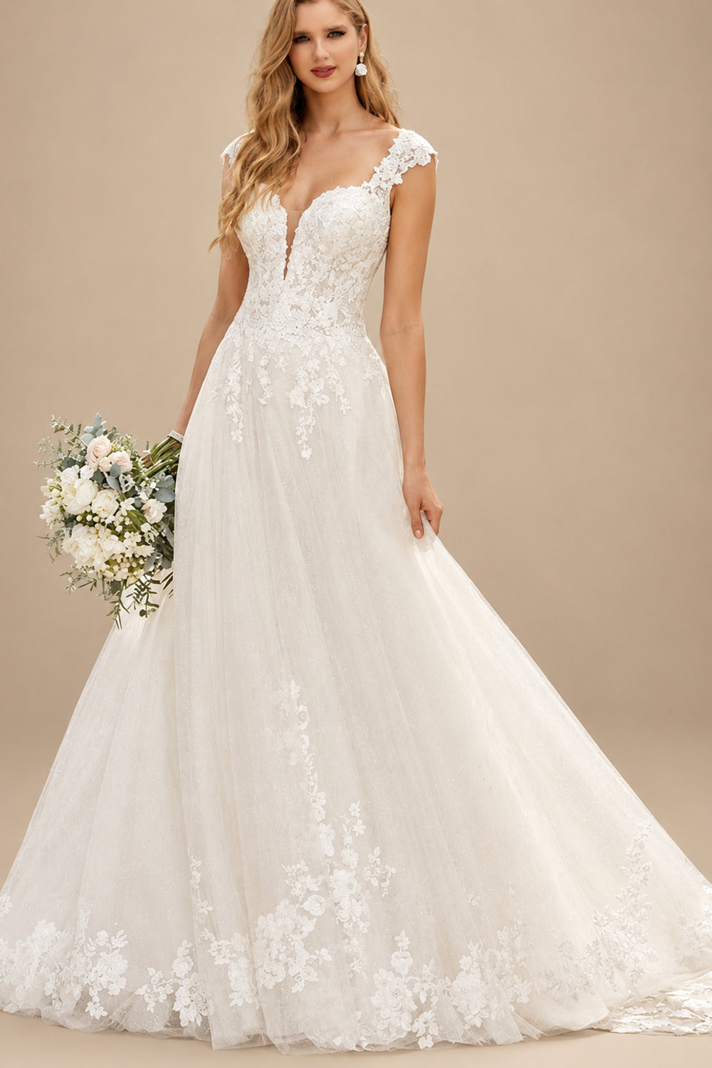 Rutipo Ivory V Neck Tulle Lace A-Line/Princess Wedding Dresses With Appliques Lace