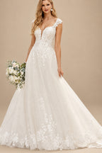 Rutipo Ivory V Neck Tulle Lace A-Line/Princess Wedding Dresses With Appliques Lace