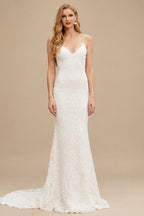 Rutipo Ivory Trumpet/Mermaid V-Neck Court Train Wedding Dresses With Lace