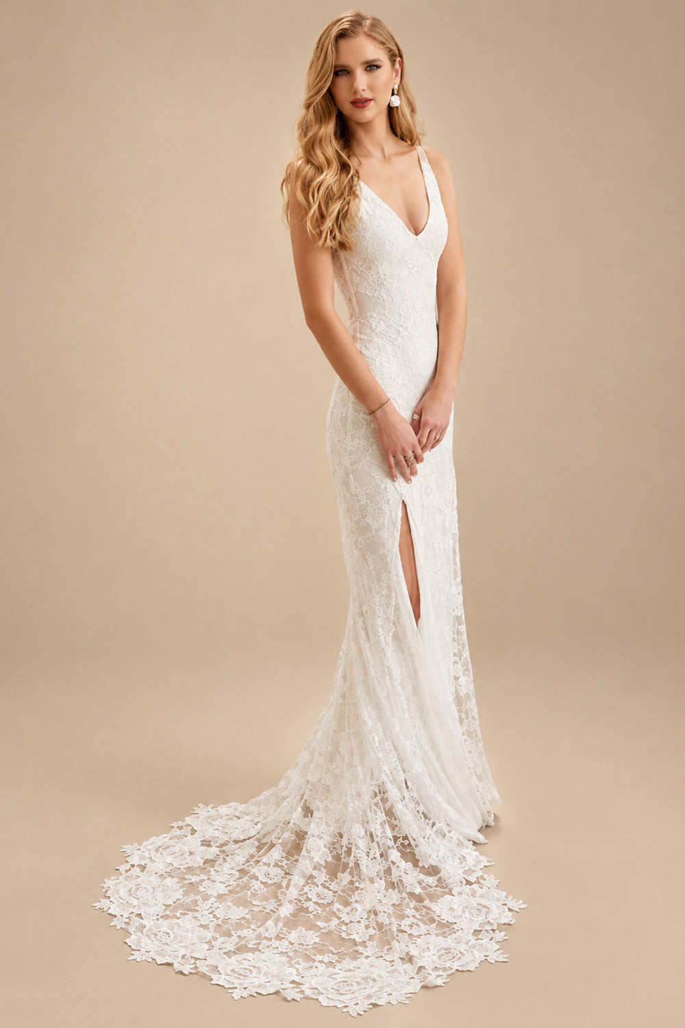 Rutipo Ivory A-Line V Neck Lace Sweep Train Wedding Dresses With Split Front