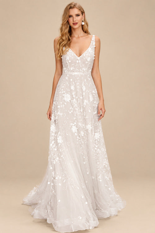 Rutipo As Picture A-Line/Princess V Neck Tulle Lace Sweep Train Wedding Dresses With Appliques Lace