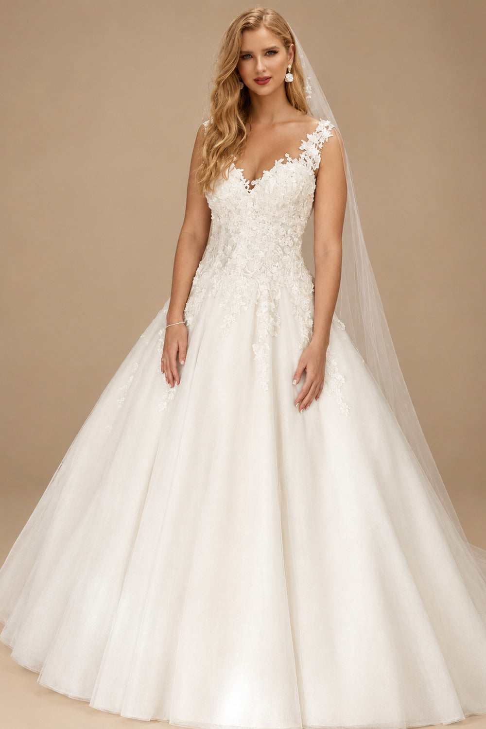 Rutipo Ivory Ball-Gown V-Neck Sleeveless Floor-Length Satin Wedding Dresses With Appliques Lace