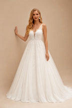 Rutipo Ivory Ball-Gown V Neck Sleeveless Floor-Length Tulle Wedding Dresse With Appliques Lace