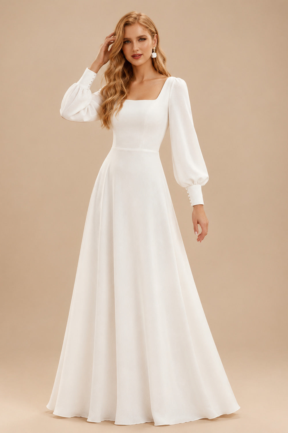 Rutipo Ivory A-Line Square Neckline Long Sleeves Sweep Train Silk Like Satin Wedding Dresses