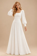 Rutipo Ivory A-Line Square Neckline Long Sleeves Sweep Train Silk Like Satin Wedding Dresses