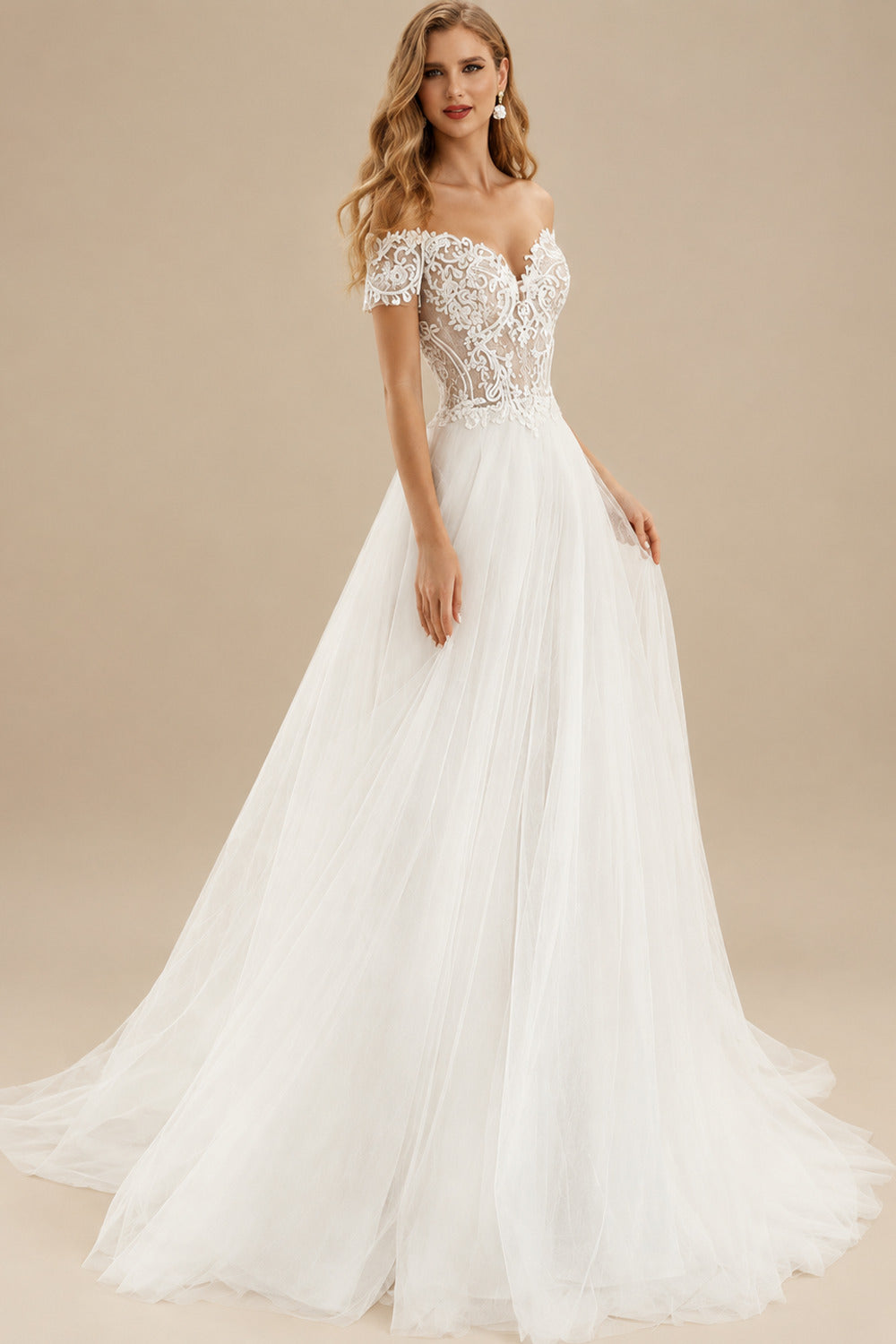 Rutipo Ivory A-Line Off-The-Shoulder Short Sleeves Lace Tulle Court Train Wedding Dresses With Lace