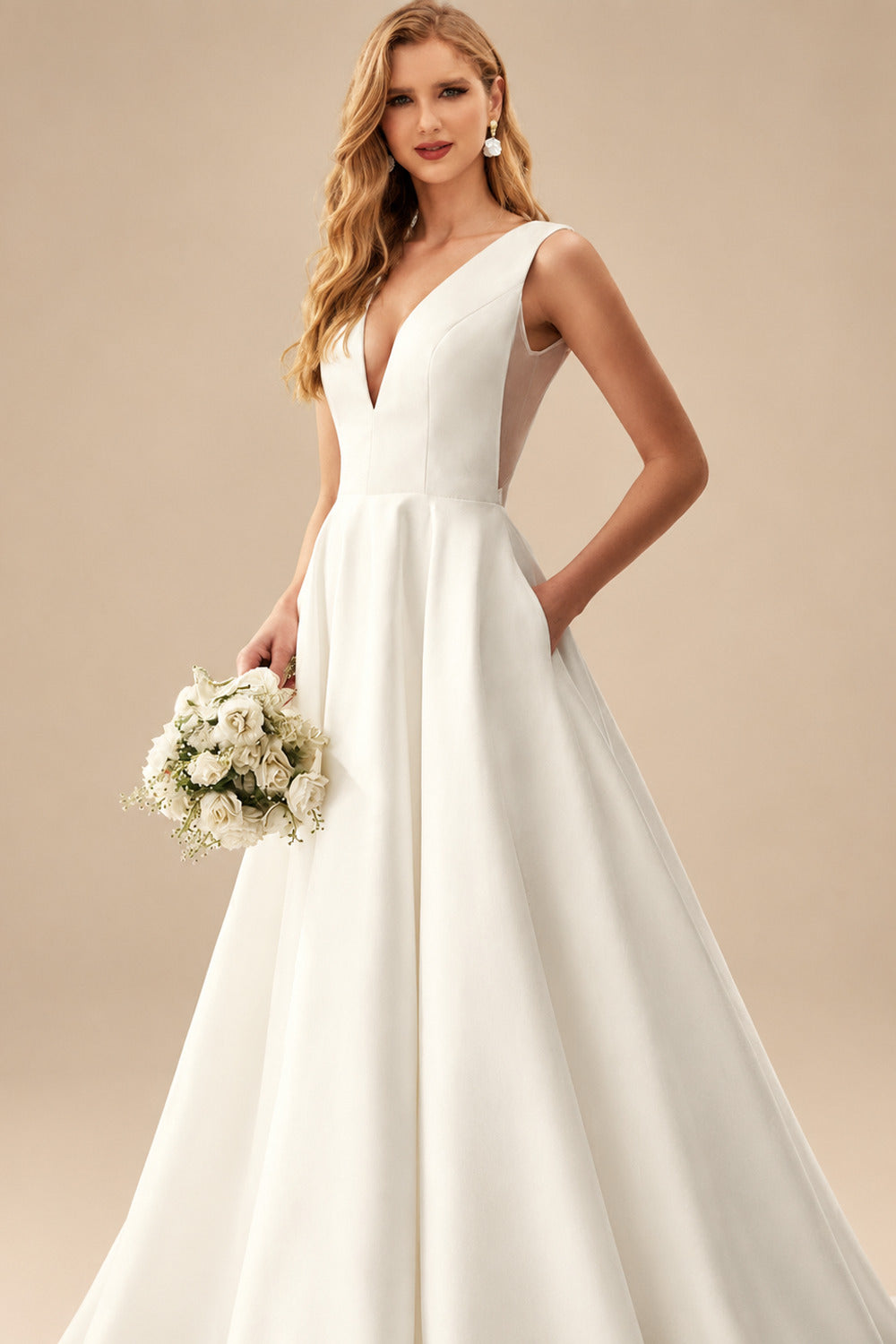 Rutipo Ivory A-Line V-Neck Sleeveless Satin Sweep Train Wedding Dresses With Pleated
