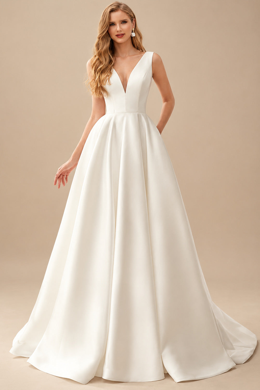 Rutipo Ivory A-Line V-Neck Sleeveless Satin Sweep Train Wedding Dresses With Pleated