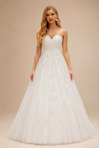 Rutipo Ivory Ball-Gown Strapless Sleeveless Tulle Lace Court Train Wedding Dresses With Appliques Lace