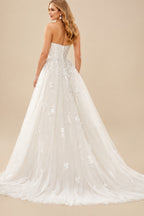 Rutipo Ivory Ball-Gown Strapless Sleeveless Tulle Lace Court Train Wedding Dresses With Appliques Lace