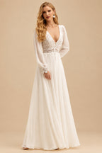 Rutipo Ivory Ball-Gown V-Neck Long Sleeves Tulle Lace Sweep Train Wedding Dresses WIth Pleated Lace