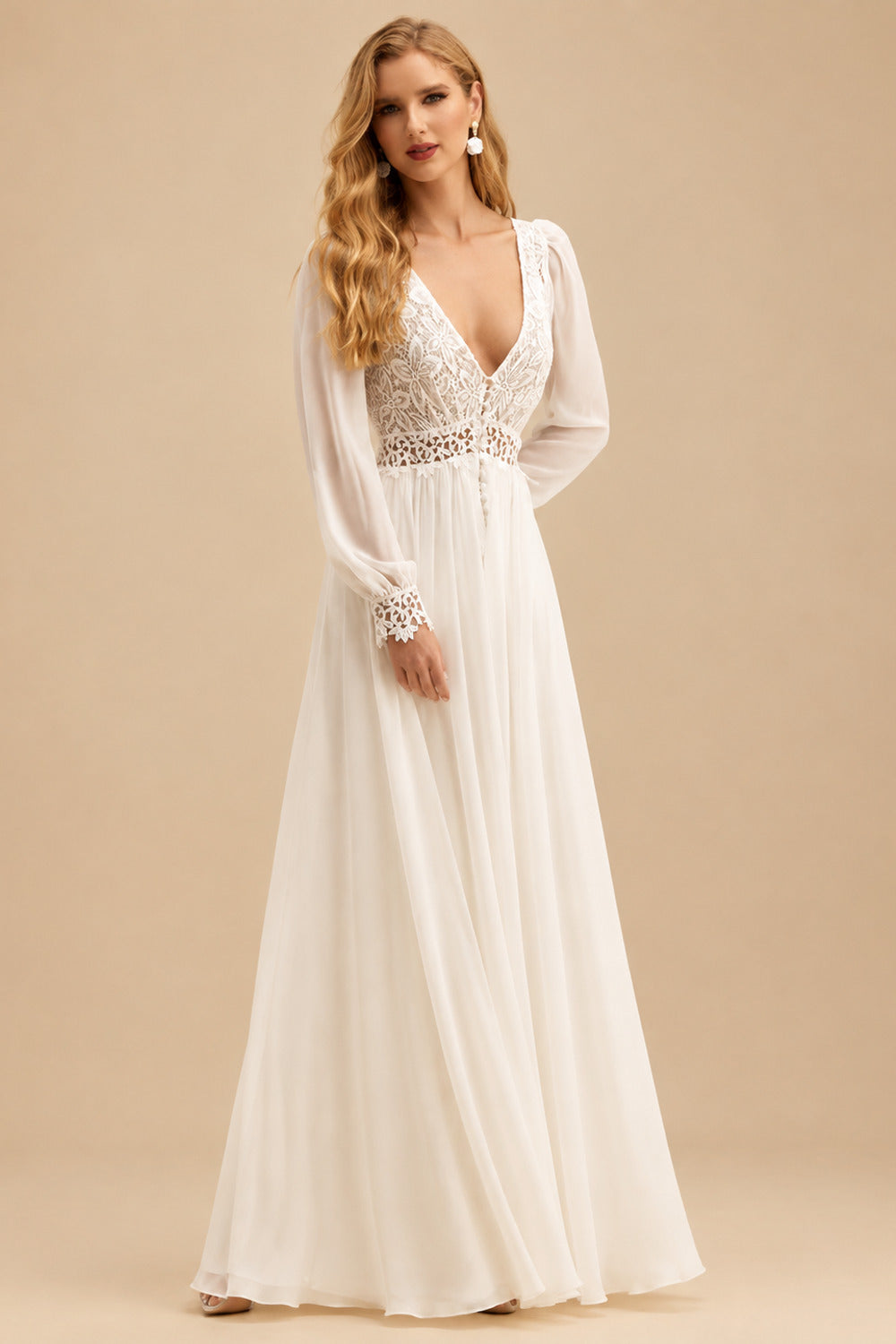 Rutipo Ivory Ball-Gown V-Neck Long Sleeves Tulle Lace Sweep Train Wedding Dresses WIth Pleated Lace