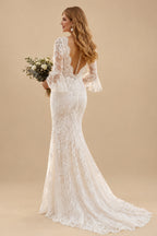 Rutipo As Picture Trumpet/Mermaid V-Neck Long Sleeves Lace Court Train Wedding Dresses With Split Front Lace