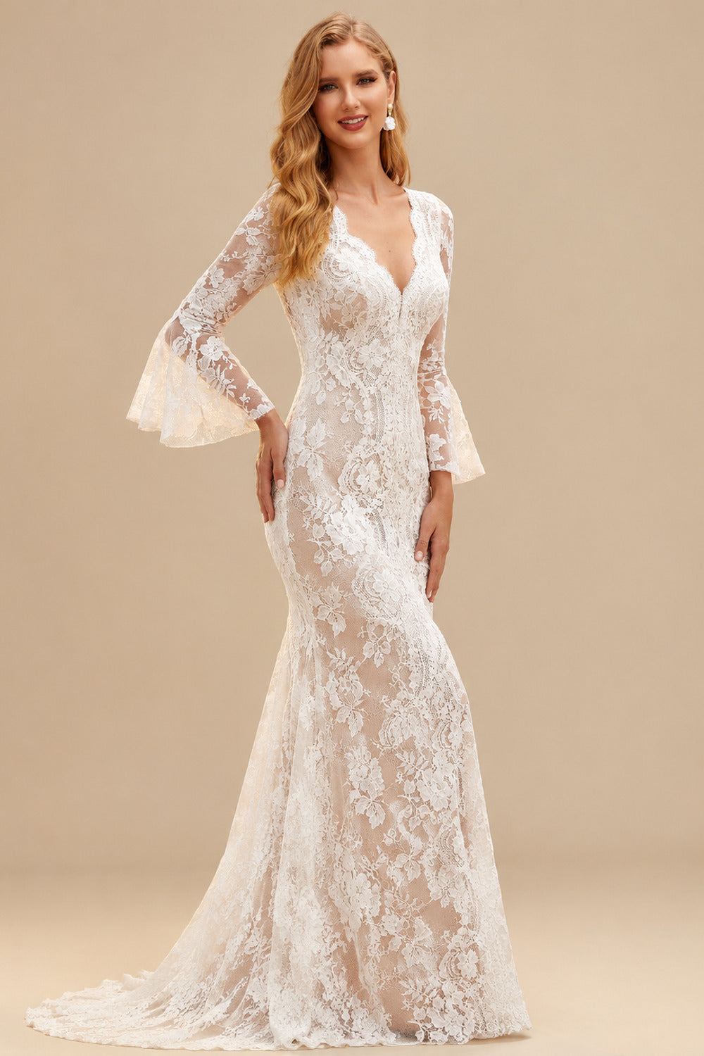 Rutipo As Picture Trumpet/Mermaid V-Neck Long Sleeves Lace Court Train Wedding Dresses With Split Front Lace