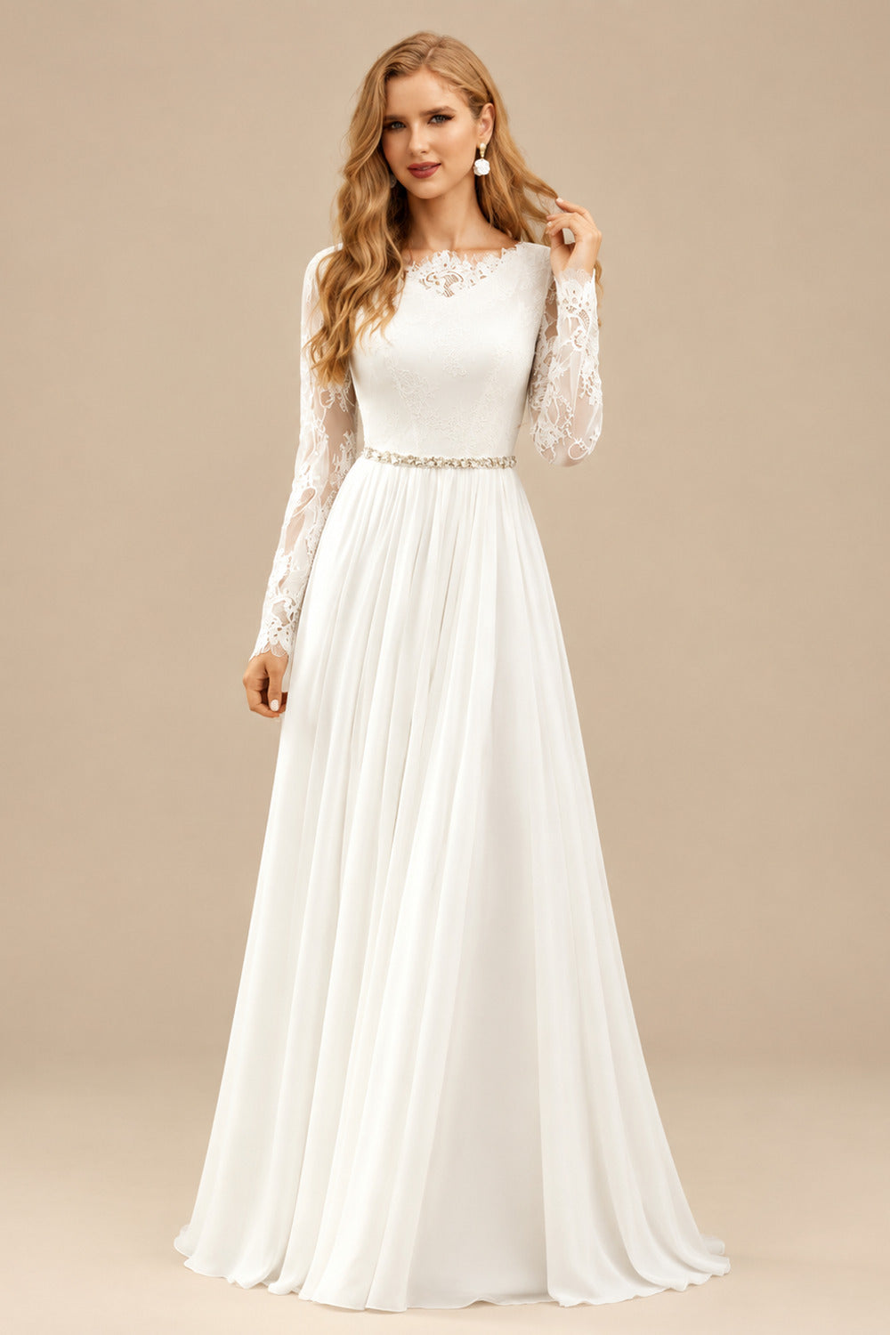 Rutipo Ivory A-Line Scoop Neck Long Sleeves Composite Wire Chiffon Lace Sweep Train Wedding Dresses With Lace Pleated