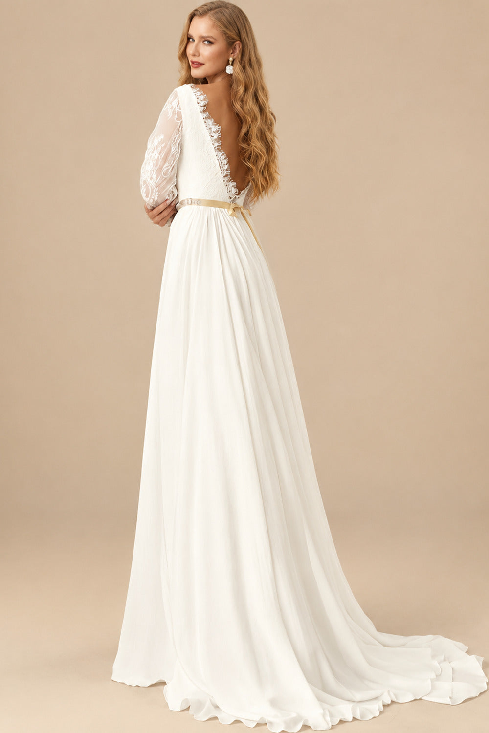 Rutipo Ivory A-Line Scoop Neck Long Sleeves Composite Wire Chiffon Lace Sweep Train Wedding Dresses With Lace Pleated