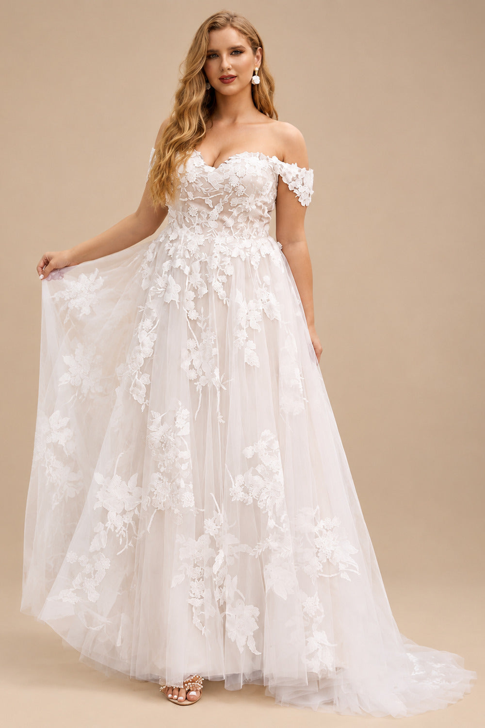 Rutipo As Picture Ball-Gown Off-The-Shoulder Tulle Lace Sweep Train Wedding Dress With Appliques Lace
