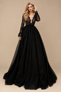 Rutipo Black Ball-Gown V-Neck Long Sleeves Lace Tulle Sweep Train Wedding Dresses With Lace