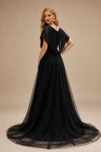 Rutipo Black A-Line V-Neck Long Sleeves Lace Tulle Wedding Dresses With Lace