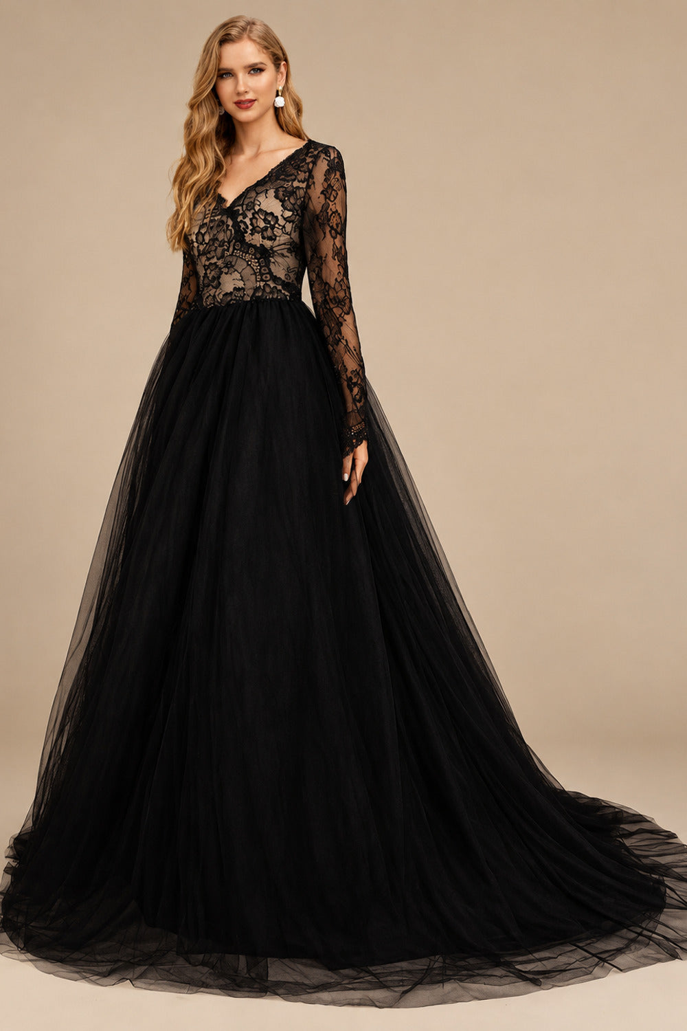 Rutipo Black A-Line V-Neck Long Sleeves Lace Tulle Wedding Dresses With Lace