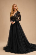 Rutipo Black A-Line V-Neck Long Sleeves Lace Tulle Wedding Dresses With Lace