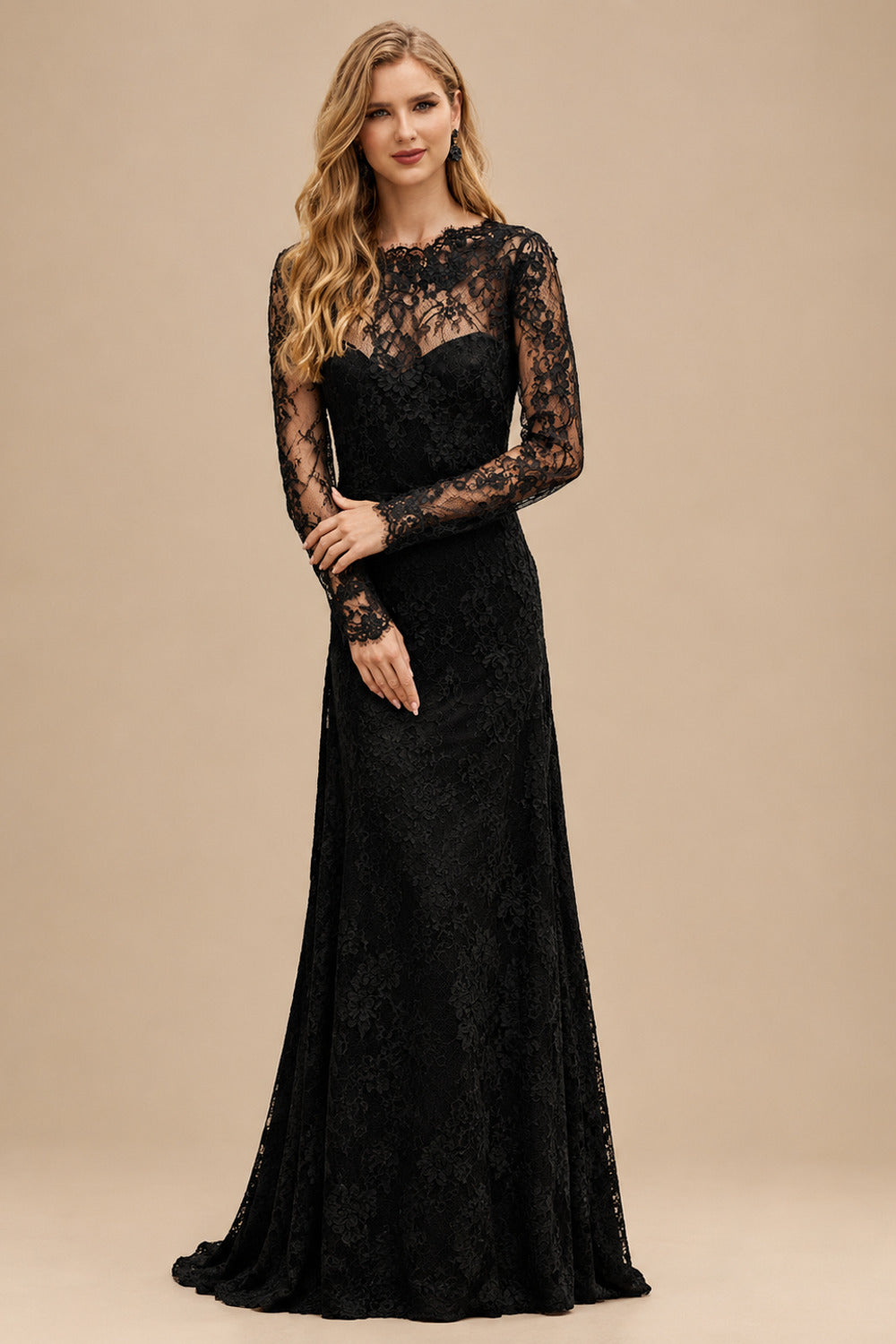 Rutipo Black Sheath/Column High Neck Long Sleeves Lace Sweep Train Wedding Dresses With Split Front Lace