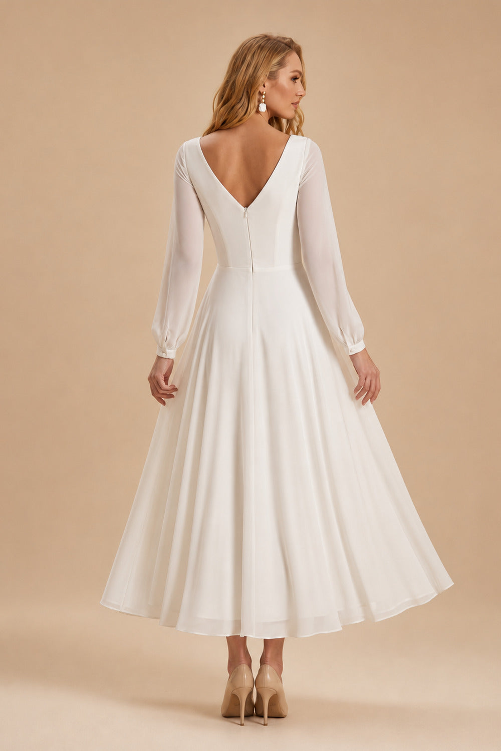 Rutipo Ivory A-Line Scoop Neck Long Sleeves Chiffon Ankle-Length Wedding Dress With Ruffle