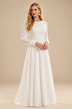Rutipo Ivory A-Line Scoop Neck Long Sleeves Chiffon Ankle-Length Wedding Dress With Ruffle
