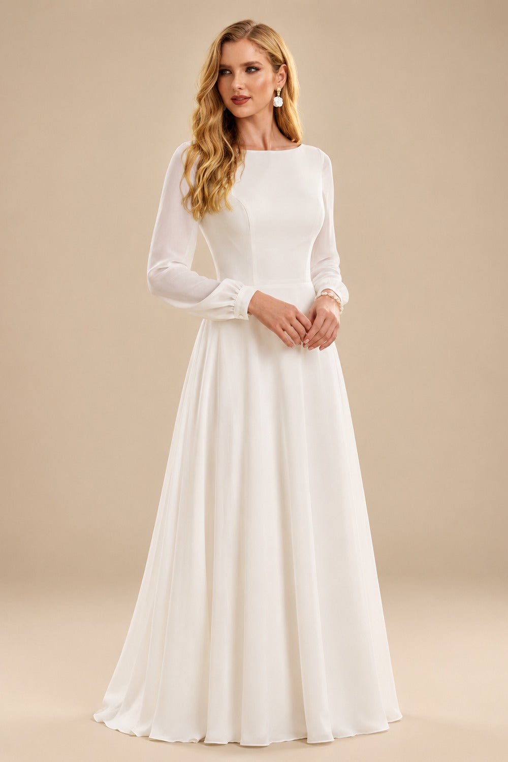 Rutipo Ivory A-Line Scoop Neck Long Sleeves Chiffon Ankle-Length Wedding Dress With Ruffle