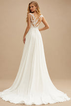 Rutipo Ivory A-Line High Neck Sleeveless Chiffon Sweep Train Wedding Dress With Lace