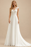 Rutipo Ivory A-Line High Neck Sleeveless Chiffon Sweep Train Wedding Dress With Lace